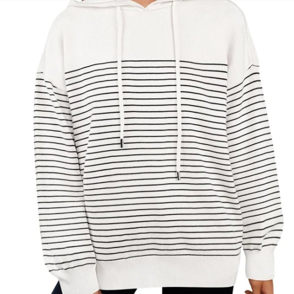 NEW MEROKEETY Women's Striped Sweater Hoodies Loose Pullover Sweatshirts Size L